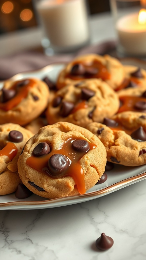 Decadent chewy caramel chocolate cookies on a stylish dessert platter.